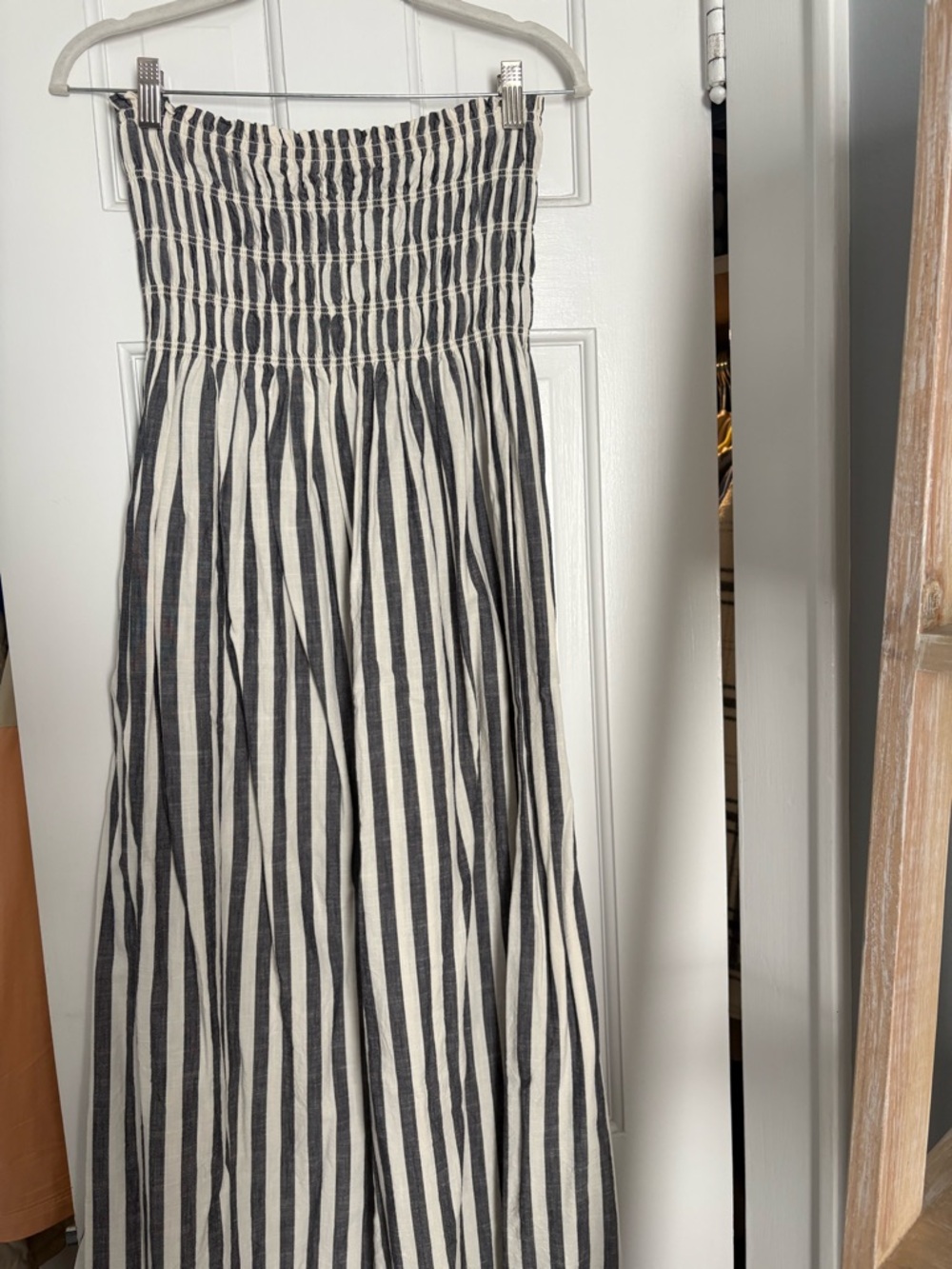 Dark Blue and White Striped Smocked strapless Maxi Dress